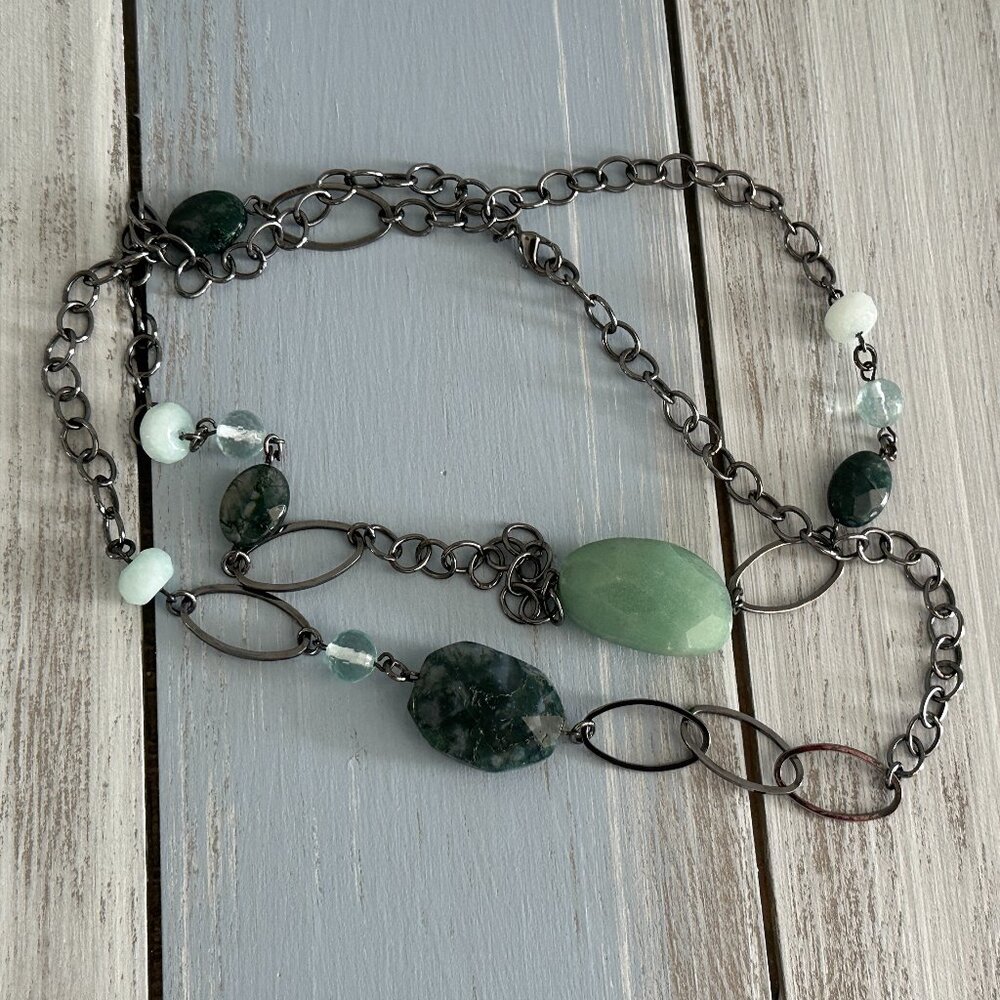 Fantastic Longer Length Chain & Beaded Necklace Steel Tone Chain Green Beads